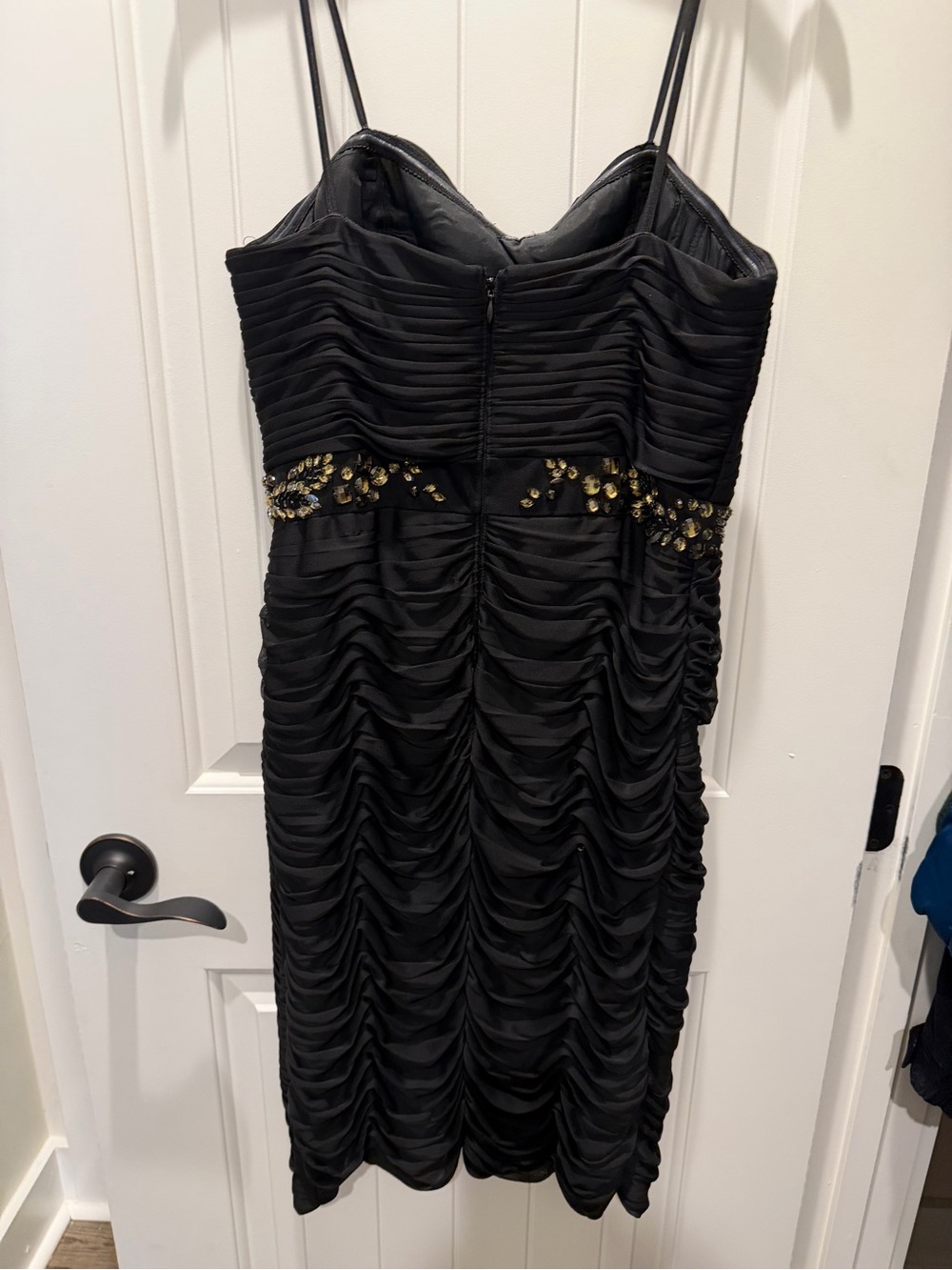 Adrianna Papell Black Ruched Spaghetti-Strap Midi Dress with Gold Embellishment